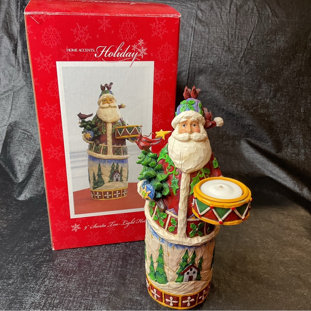 Santa Claus Tea Light Christmas Holiday Decor Cardinal Candle Holder Red Bird 9"